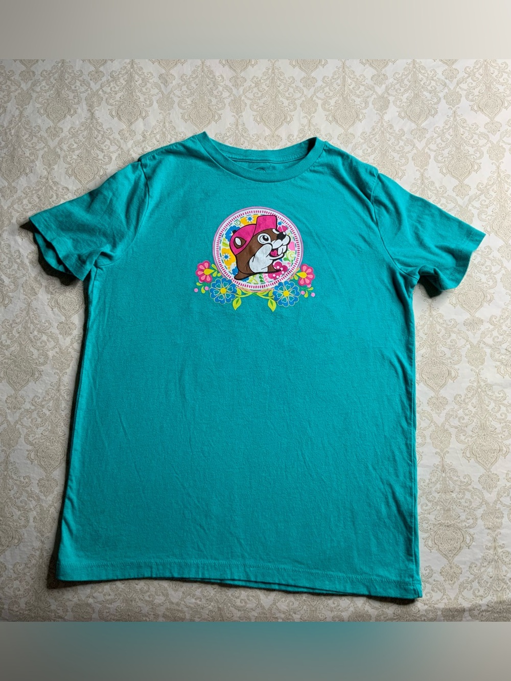 Buc-ee's Enjoy Every Moment Graphic Tee Youth Large Aqua Floral Short Sleeve